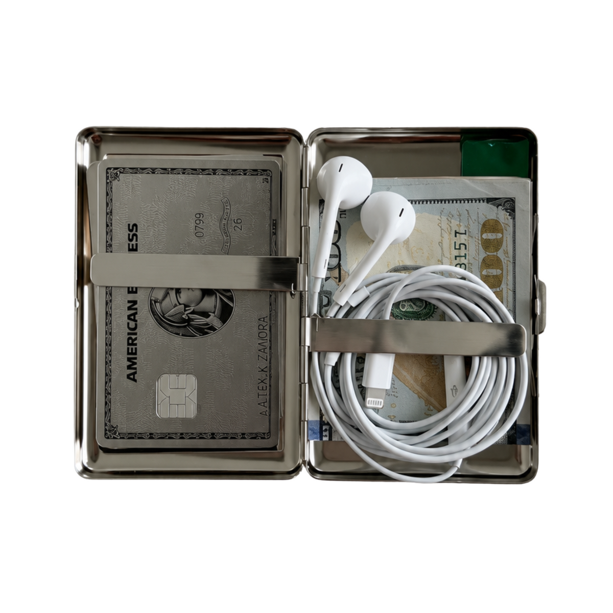 Vinci case open with cards, cash and earbuds inside